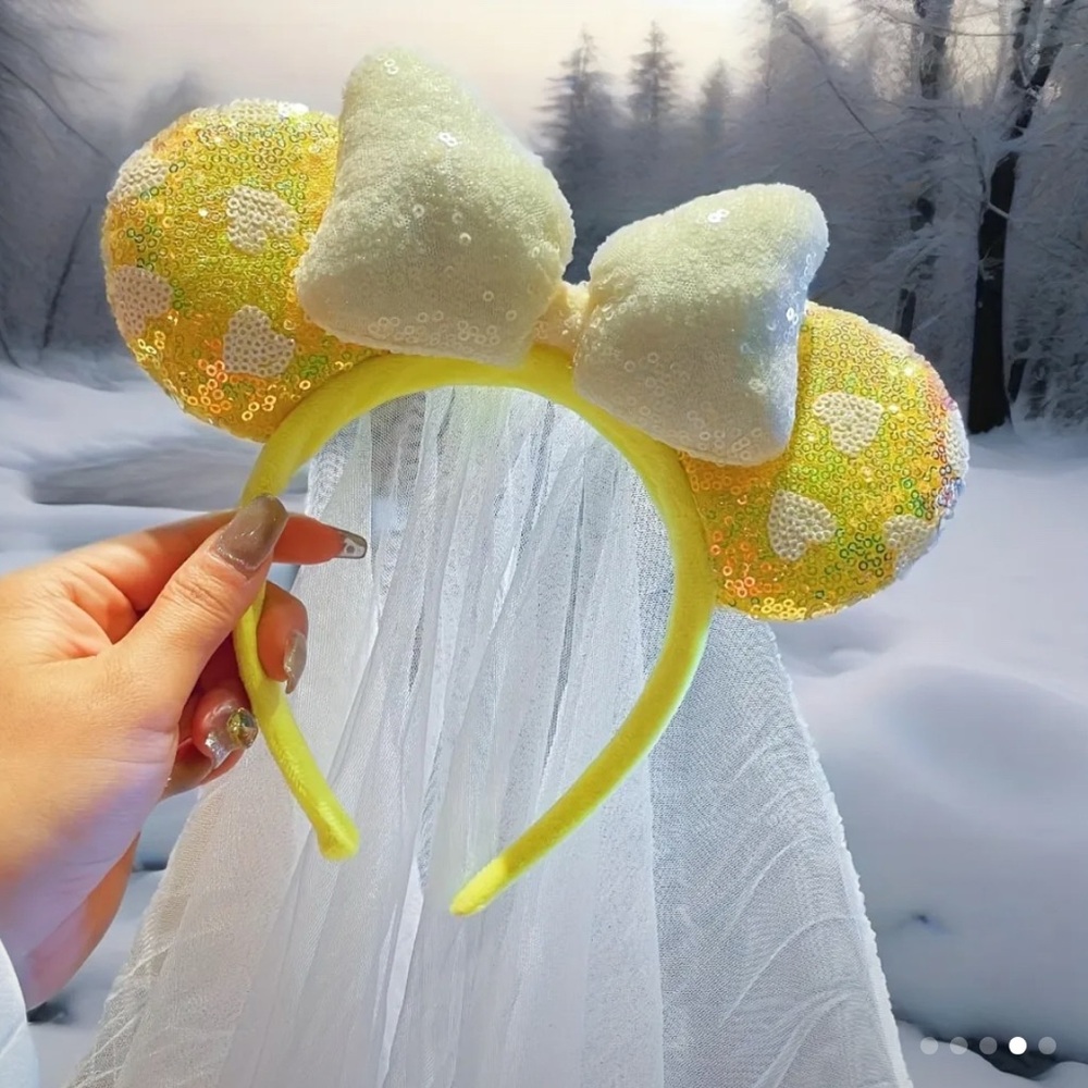 Adorable Wedding themed Yellow sequined Minnie Mouse Ears headband with veil